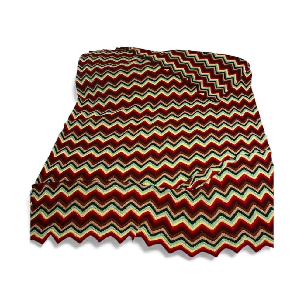Handmade Crochet Chevron Blanket Throw Red Brown Cream 9 ft‎ x 7ft